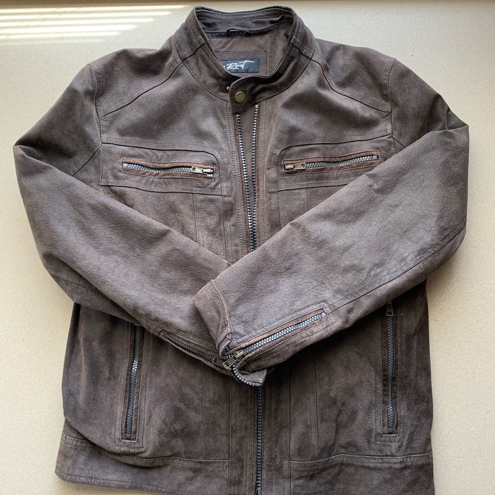 Suede leather motorcycle jacket.